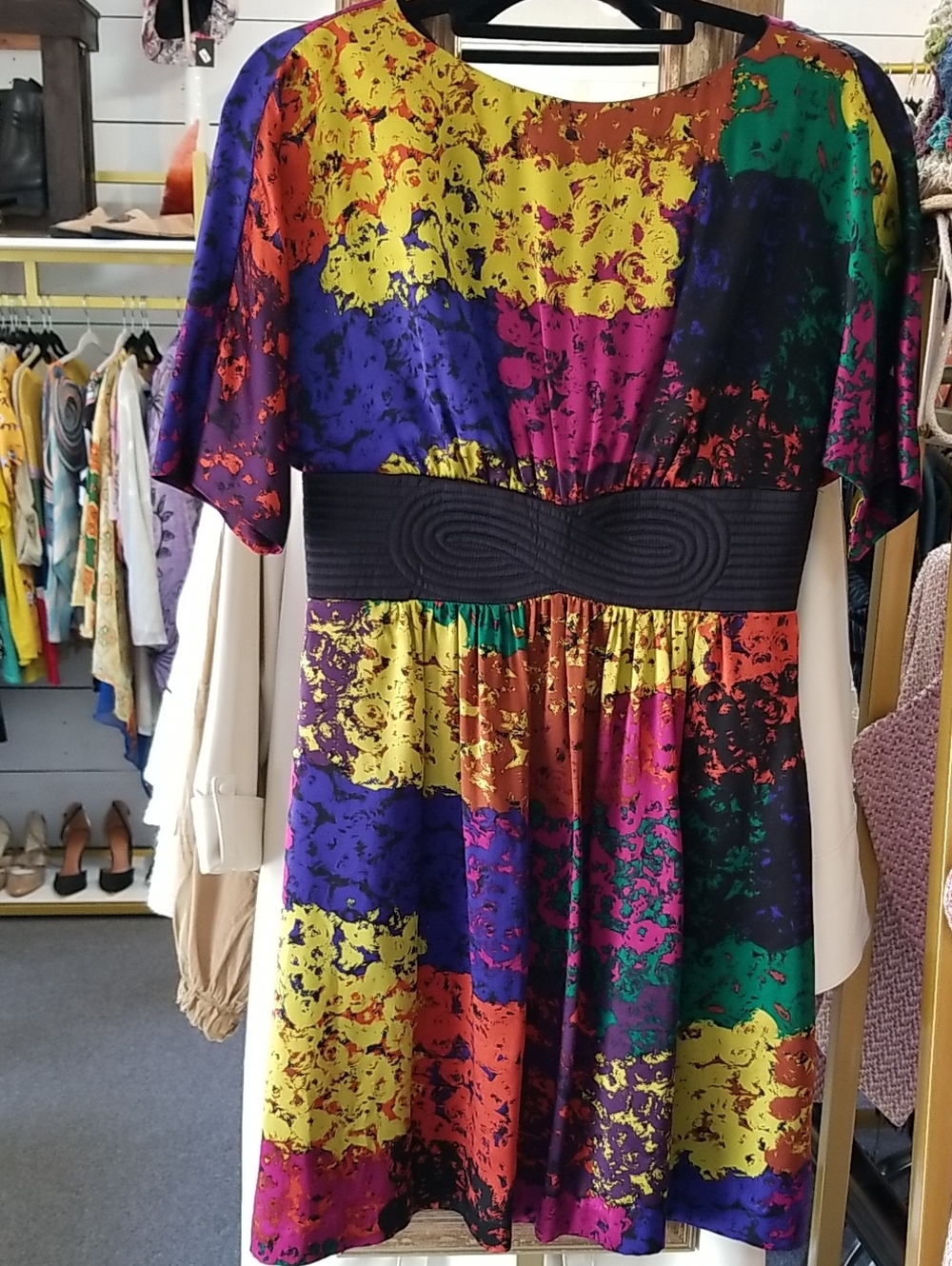 Trina Turk Multicolor Abstract Print Dress with Black Waistband
